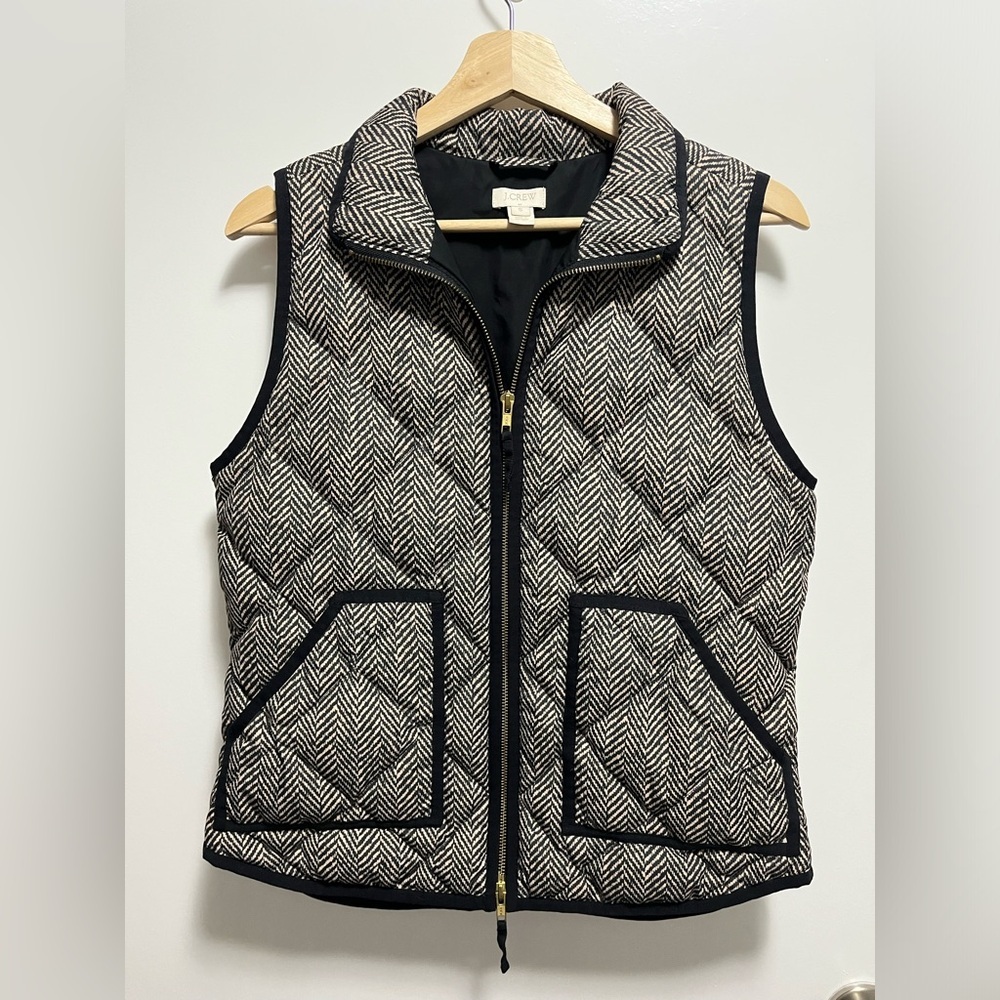 J. Crew Down Quilted Puffer Vest Black And Cream Double Zipper Size Small